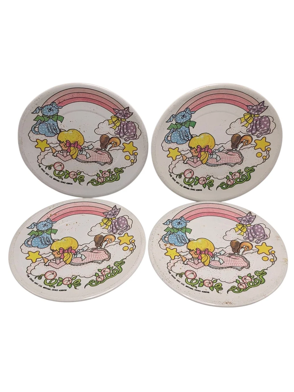 Vintage 1970s Sunnie Miss Pink Rainbow 8 Piece Tin Plate and Saucer Toy Set